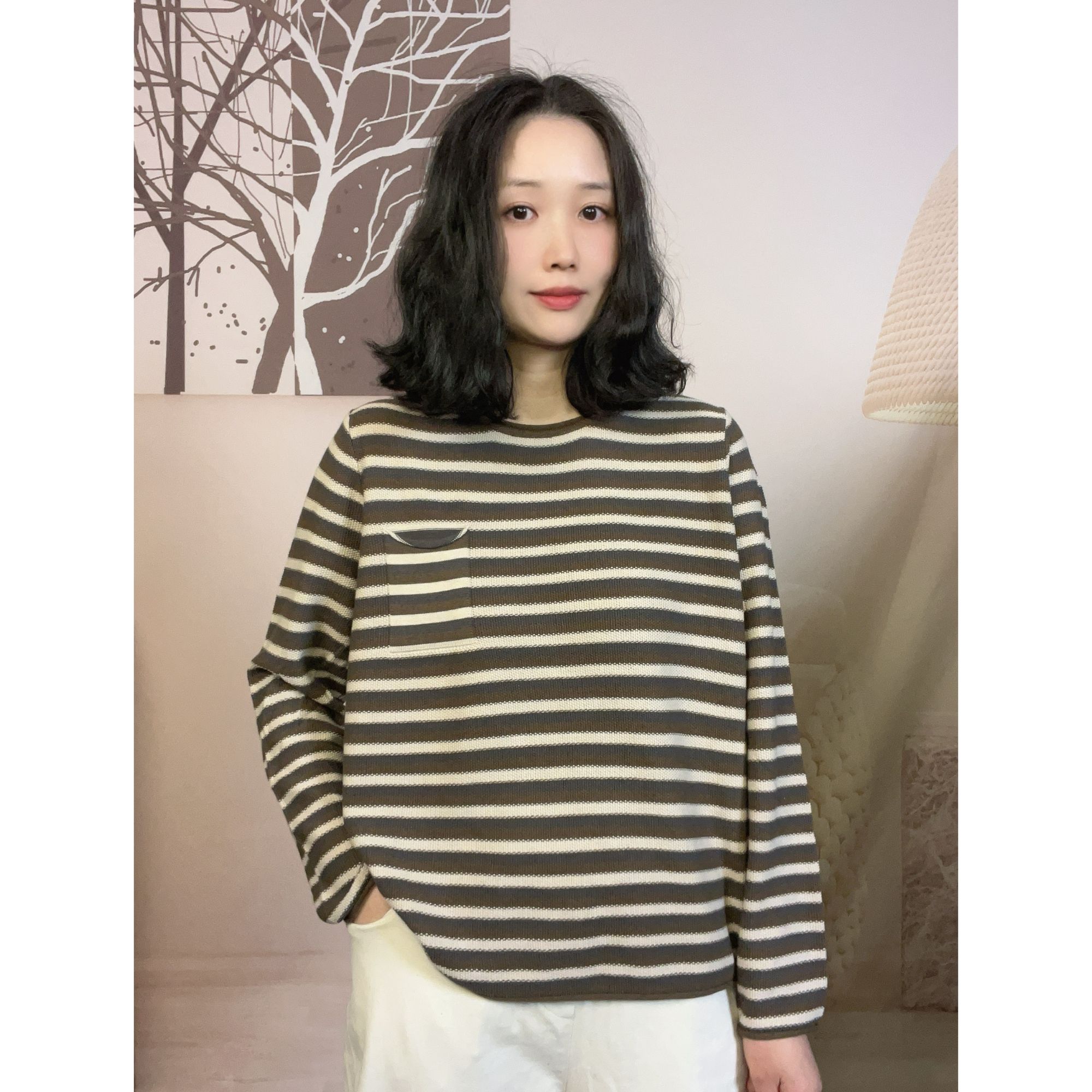 大琳姐原创。新款拼色条纹套头简约长袖针织高级减龄上衣女
