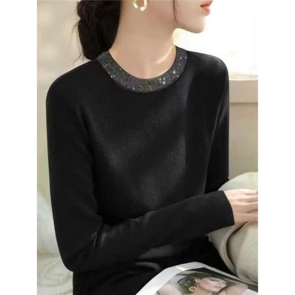 羊毛混纺纱线长袖针织衫女2025秋季新款细闪点缀领口圆领白搭上衣