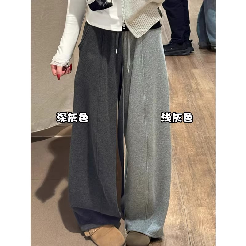 灰色加绒阔腿裤女冬季慵懒松弛感糯米香蕉裤小个子宽松毛呢弯刀裤