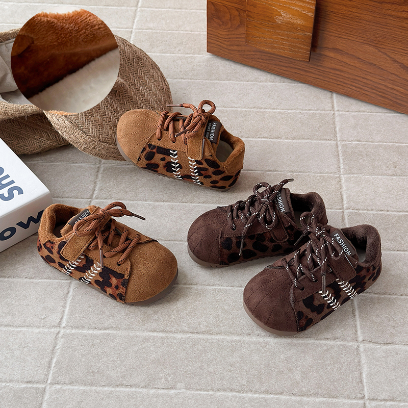 儿童中小童学步 豹纹麦穗加绒泡泡板鞋