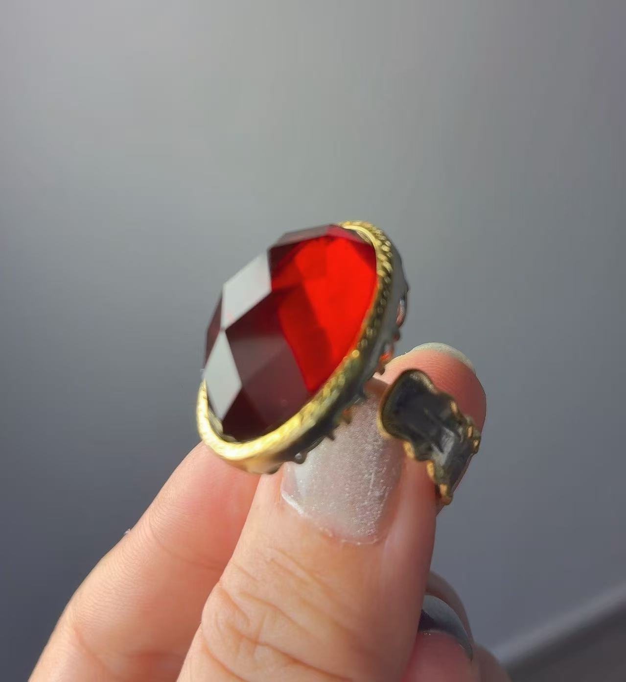 天然缅甸血珀钻切开口戒 银镶 时尚气质复古精致百搭戒指 红色款