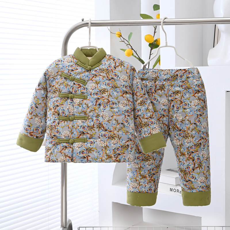 宝宝手工棉衣纯棉花男女童国风外出服新中式棉袄棉裤加厚盘扣复古