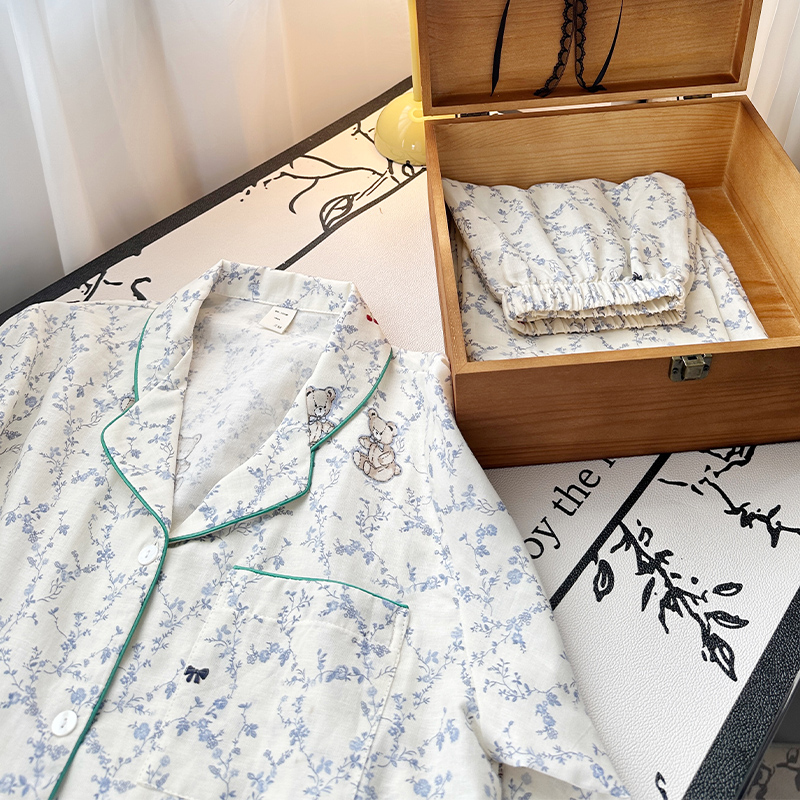 2025年春A类双层纱双层纱花环小熊睡衣女全棉舒适女士家居服套装