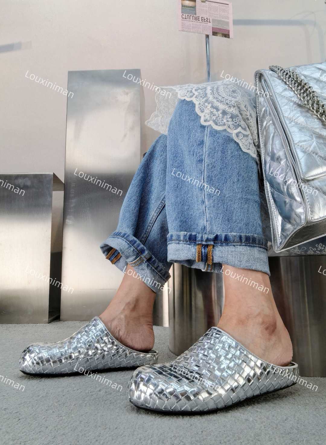 萝茜妮嫚欧美时尚个性潮流抖音透气牛皮软底防滑包头半拖鞋女士