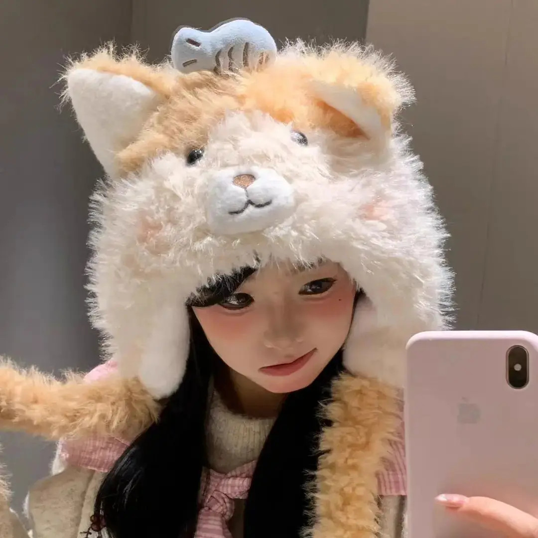 可爱小鱼猫咪耳朵毛绒帽子女秋冬季显脸小保暖防寒加厚护耳雷锋帽
