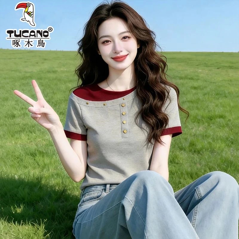 啄木鸟女款2026新款斜领假两件T恤修身显瘦百搭短袖