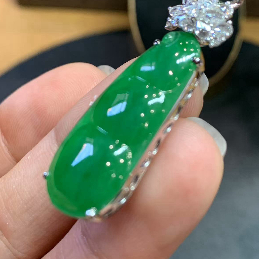 折后福豆 缅甸A货翡翠18K金南非钻石 整高41.5 裸31-12.8-3.8mm