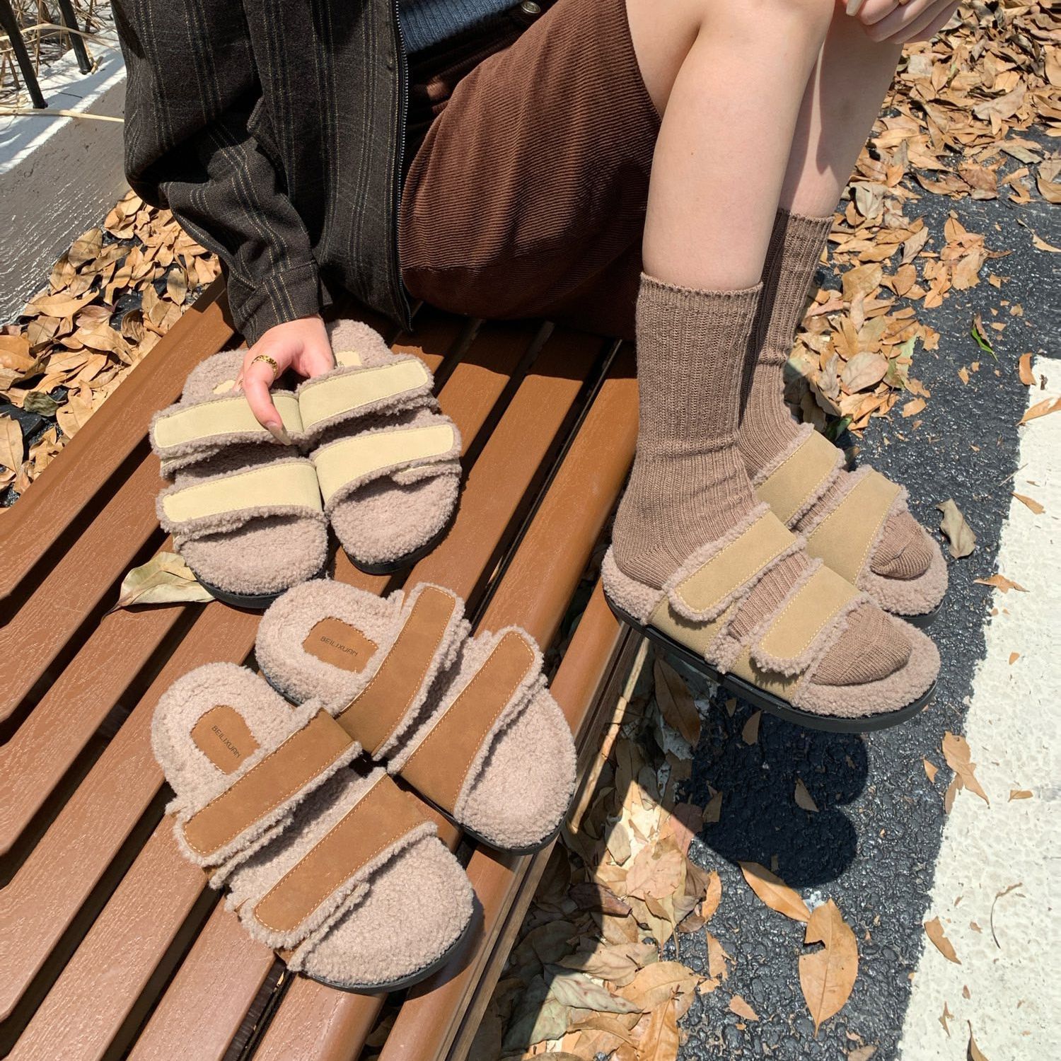 VEEFSHOW 113-5 韩版魔术贴厚底一字拖鞋外穿复古百搭勃肯毛毛鞋