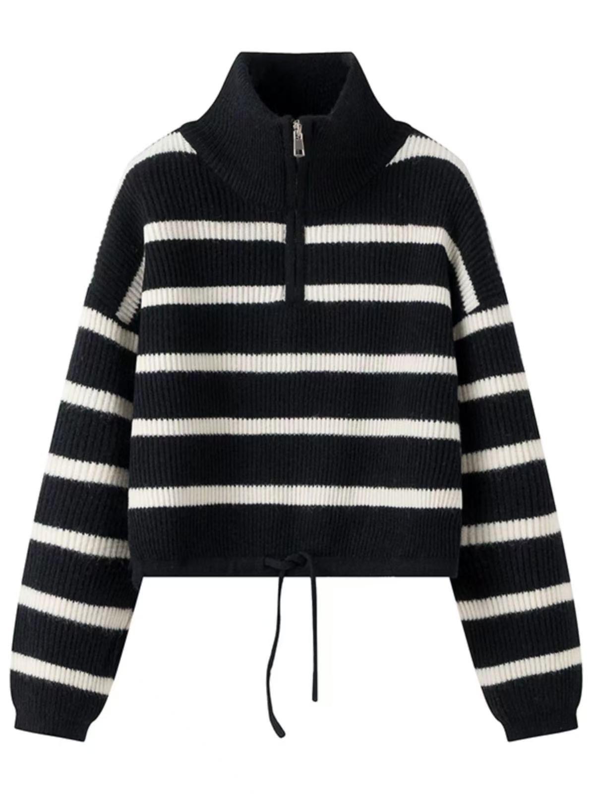 韩版减龄翻领条纹系带毛衣女新款欧货遮肉宽松显瘦打底内搭针织衫