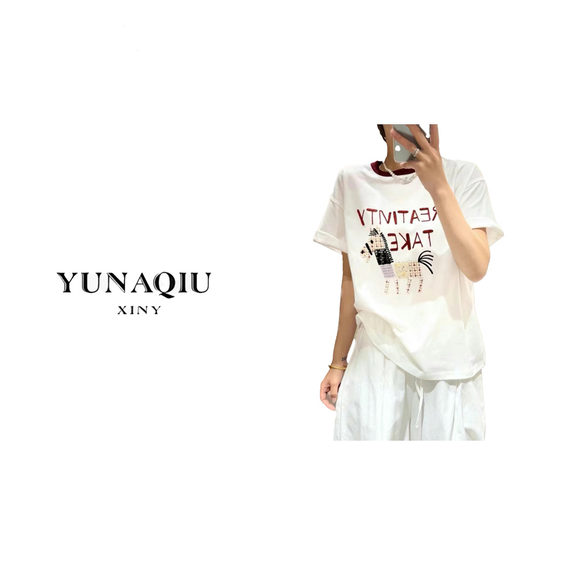 刺绣小马减龄纯棉 超重工 七彩拼接灰短袖女T恤百搭-6656