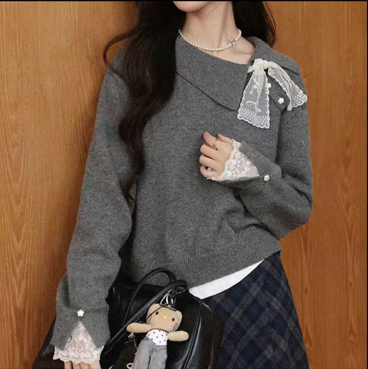 韩系百搭蓝色毛衣外套女2025秋冬新款外穿宽松圆领针织2504