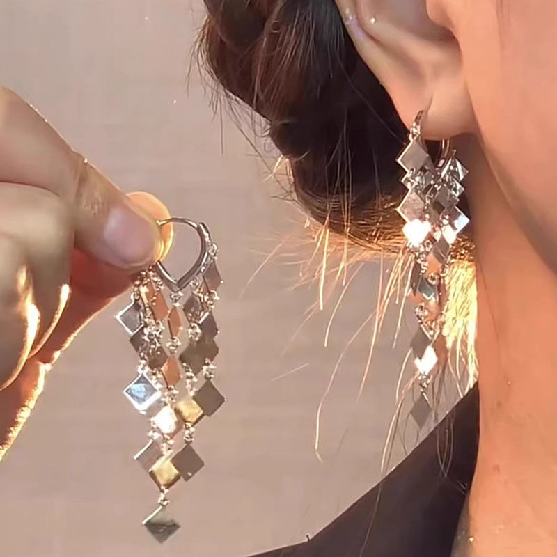 铜合金耳饰 专属棱形亮片耳环轻奢气质百搭长款流苏耳饰潮N2223