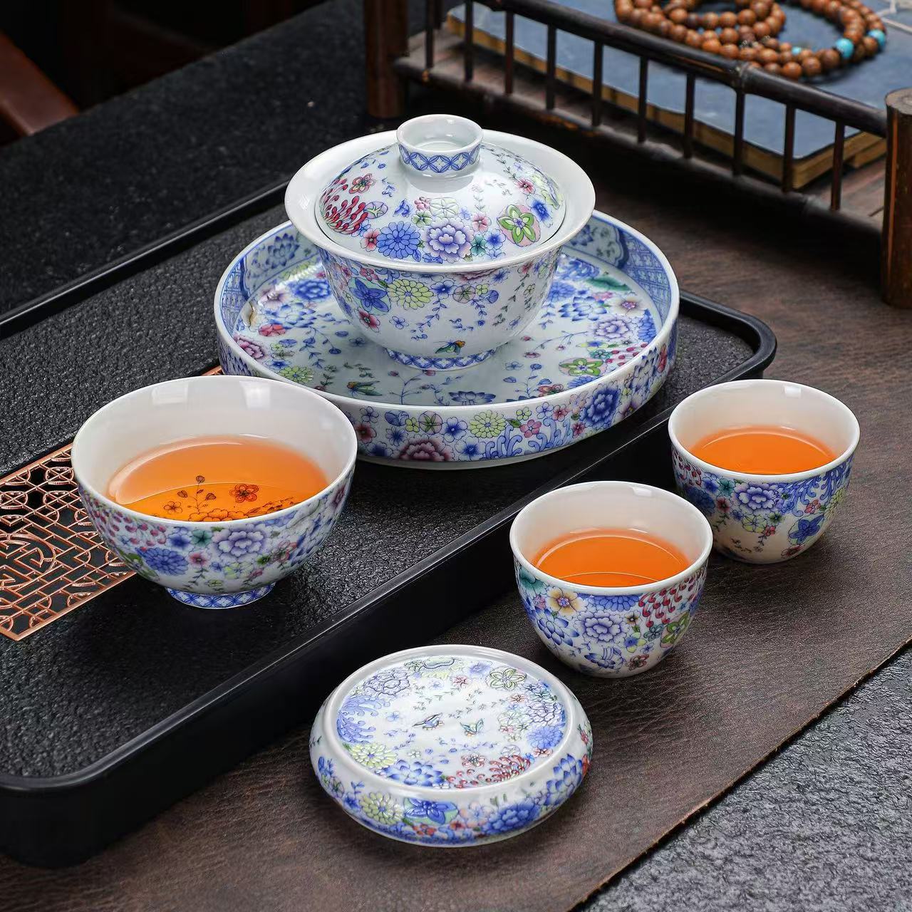 手作—青花牡丹釉下彩盖碗套装