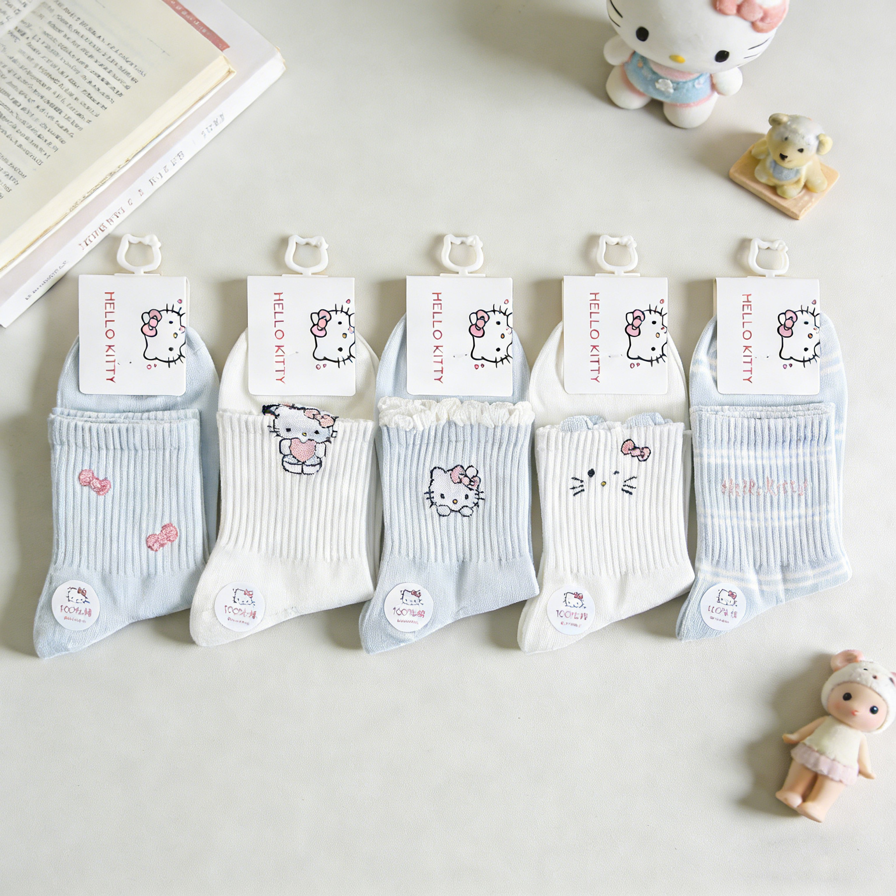 五双装袜子女袜秋冬加厚中筒袜甜美可爱风卡通提花吸汗透气不臭脚