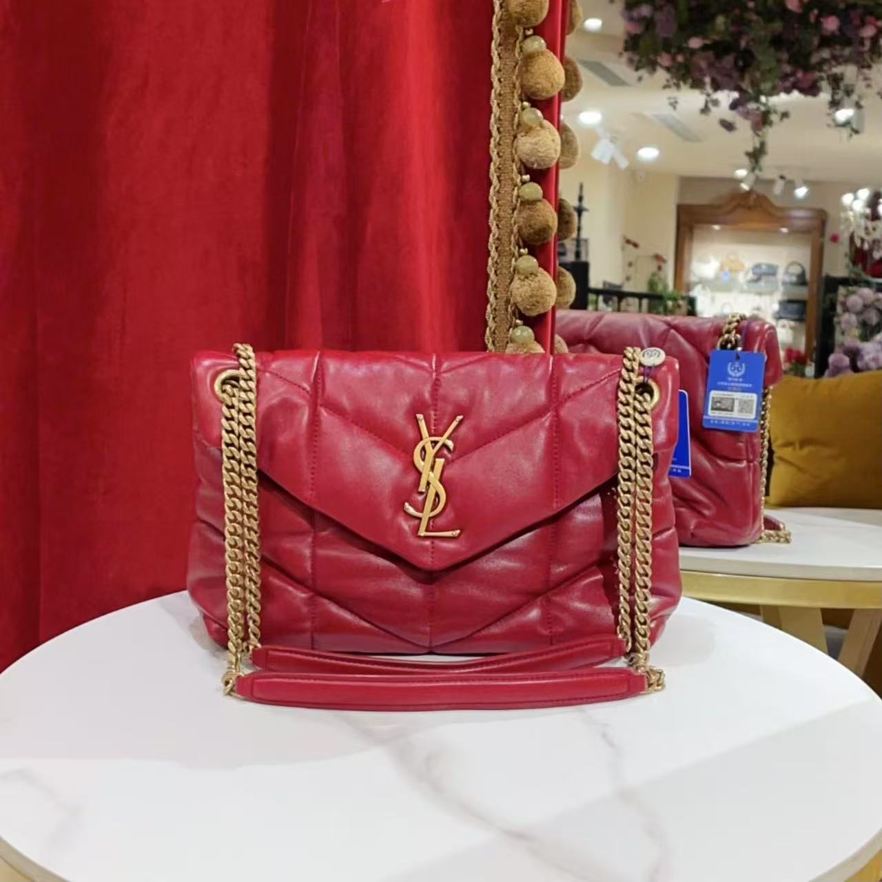 95新 YSL/圣罗兰 GGS圣罗兰puffer云朵包小号红色金扣羊53433567