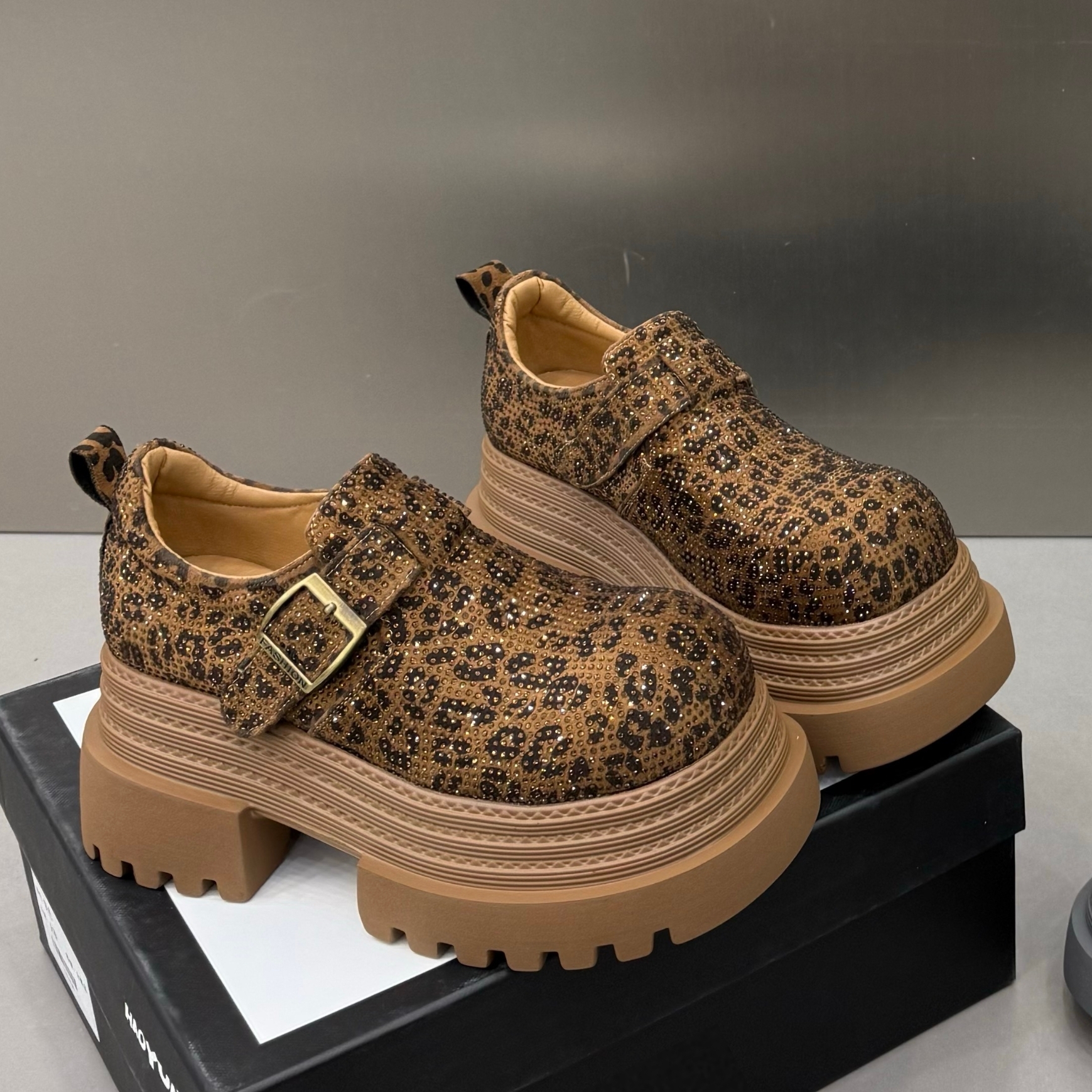 MSDD【跟高8厘米】圆头豹纹乐福春季单鞋夏季复古秋季女鞋透气时尚