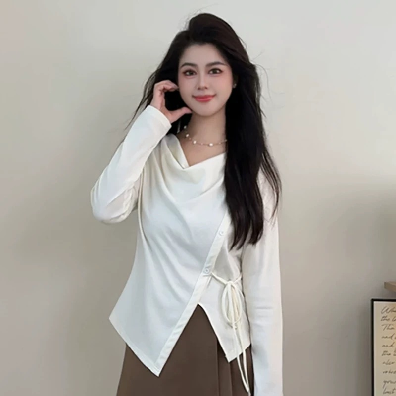 绑带法式通用长袖荡领女大码常规款T恤#20773