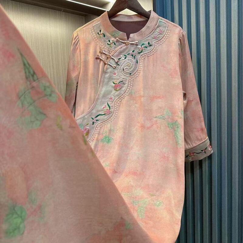 清韵-3-中式改良裙子宽松小众高端七分袖提花刺绣镶边连衣裙女秋