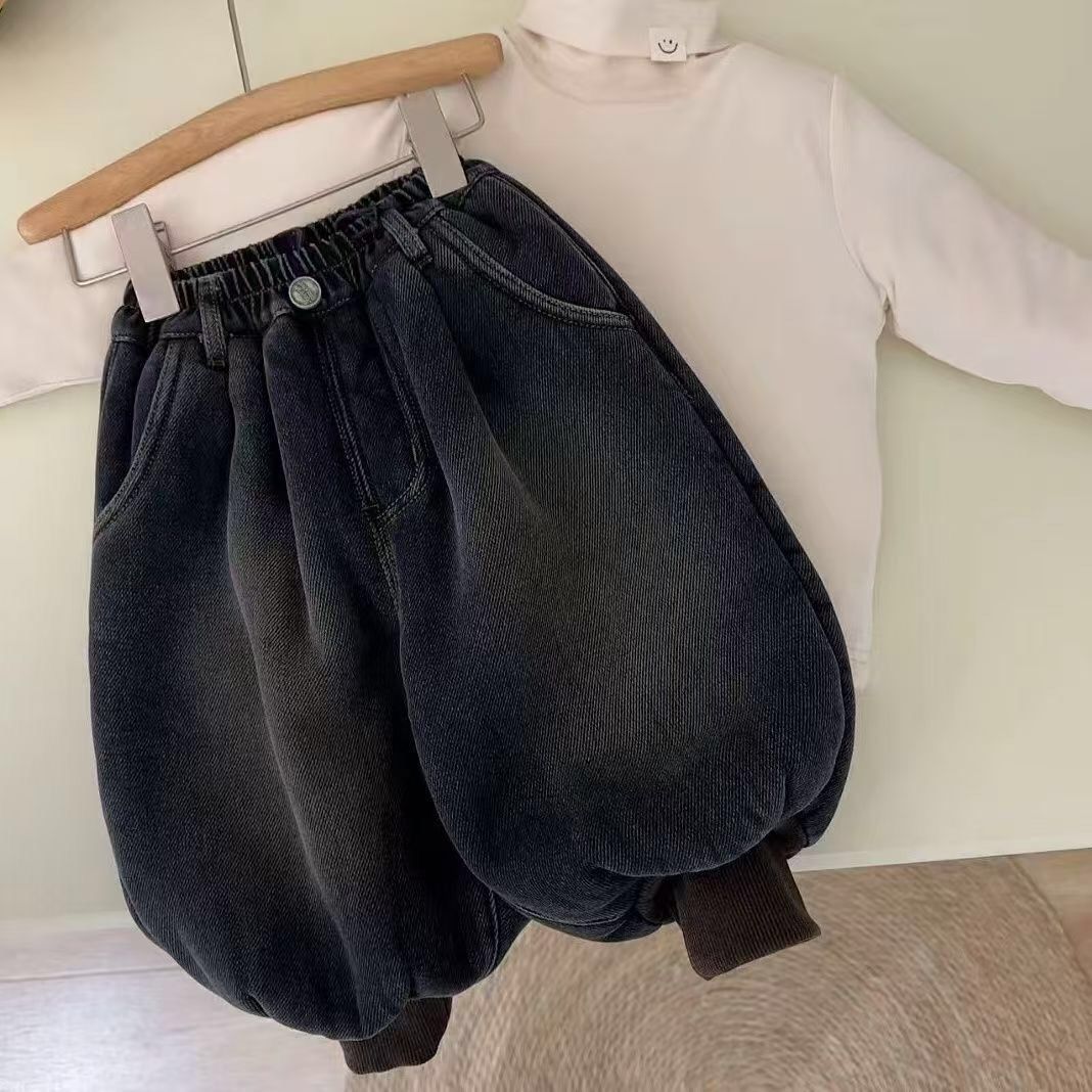 儿童秋冬加绒灯笼裤加绒加厚牛仔裤宽松男宝裤子