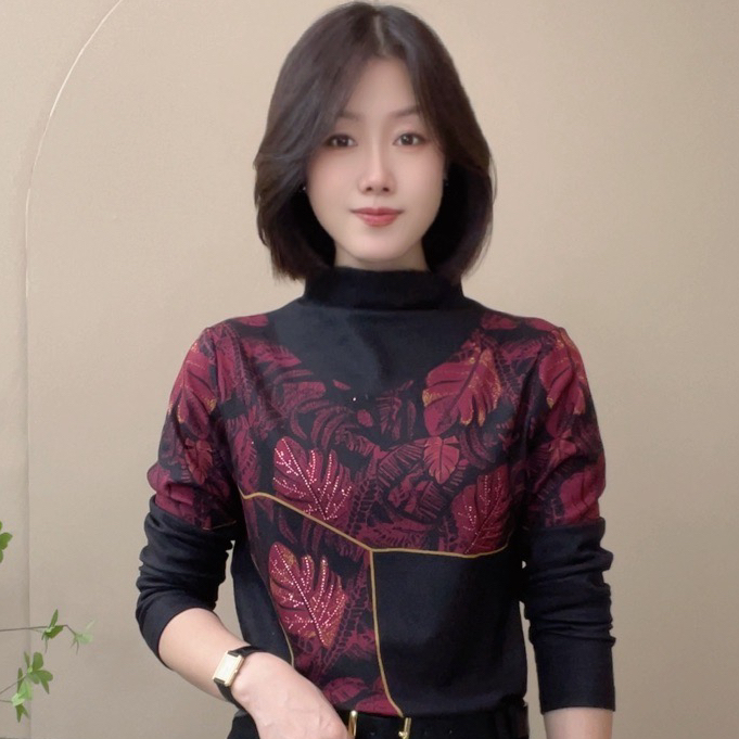 6612秋季新款设计感印花长袖半高领百搭洋气时尚显瘦修身打底衫女