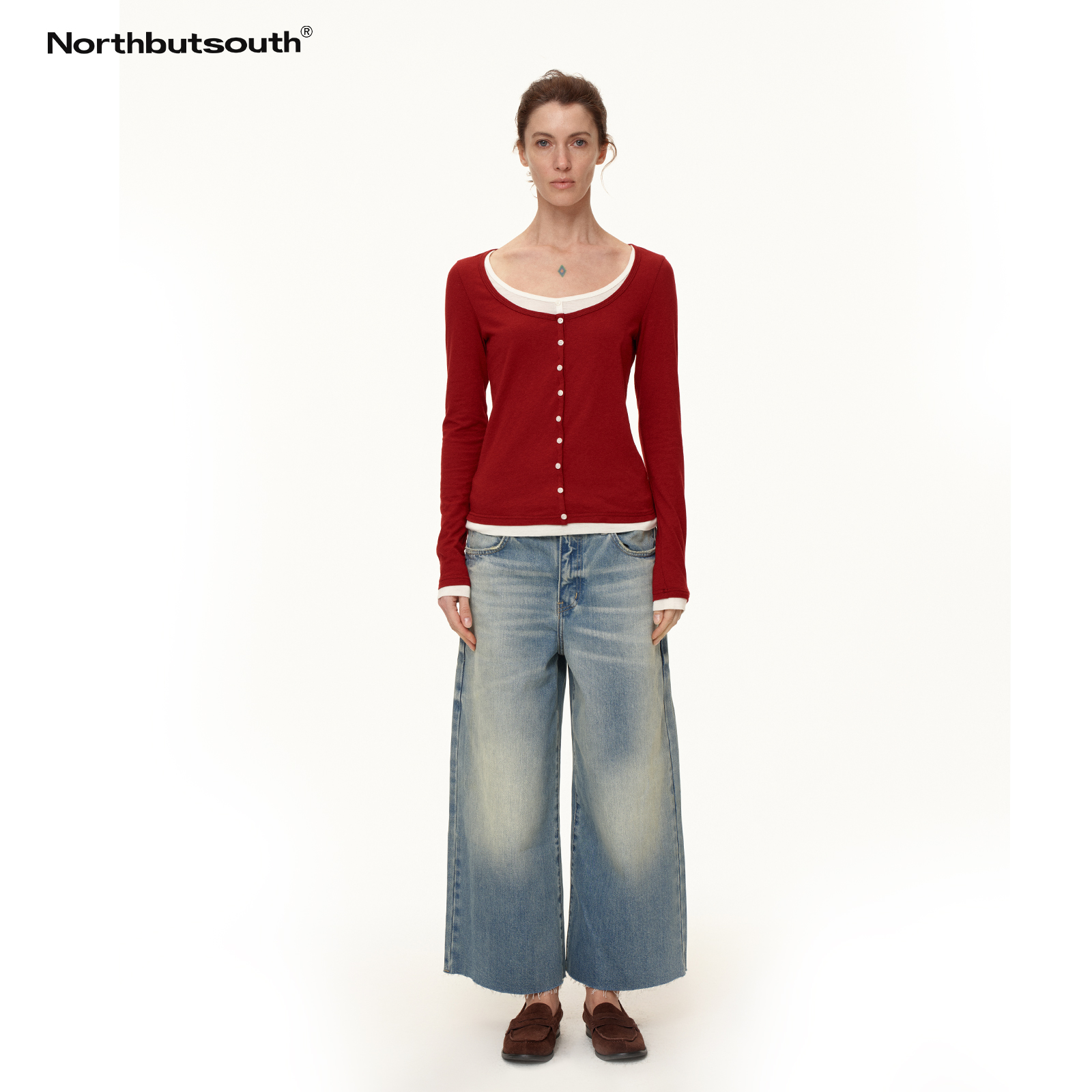Northbutsouth 特洗猫须边水洗九分牛仔裤