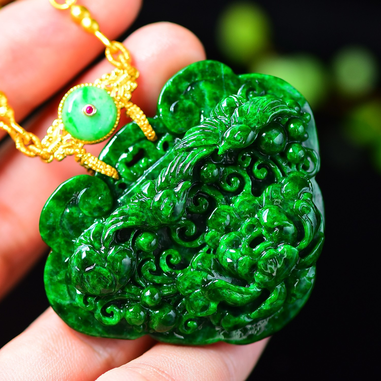 天然A货翡翠花青满辣色花开富贵如意锁设计款毛衣链