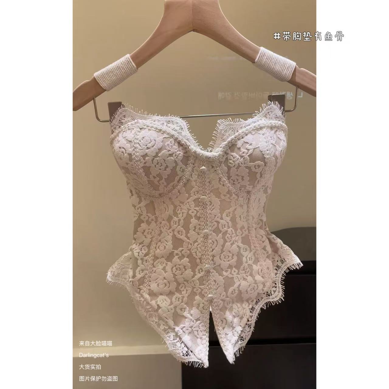 【大脸喵喵"实拍】有鱼骨胸垫"许愿池少女纯欲外穿蕾丝抹胸吊带背心
