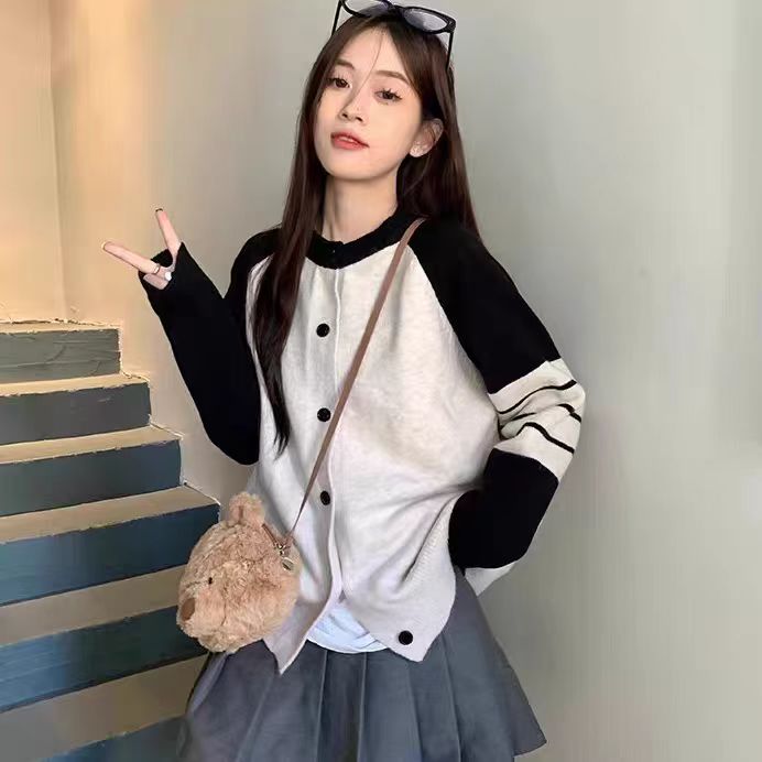 753【衣长65】条纹拼接女秋冬季慵懒风甜妹穿搭撞色针织开衫上衣