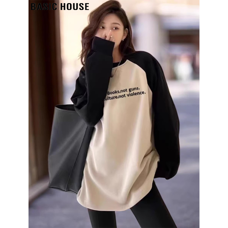 Basic House/百家好搭配鲨鱼裤的宽松中长打底衫女款休闲秋冬卫衣