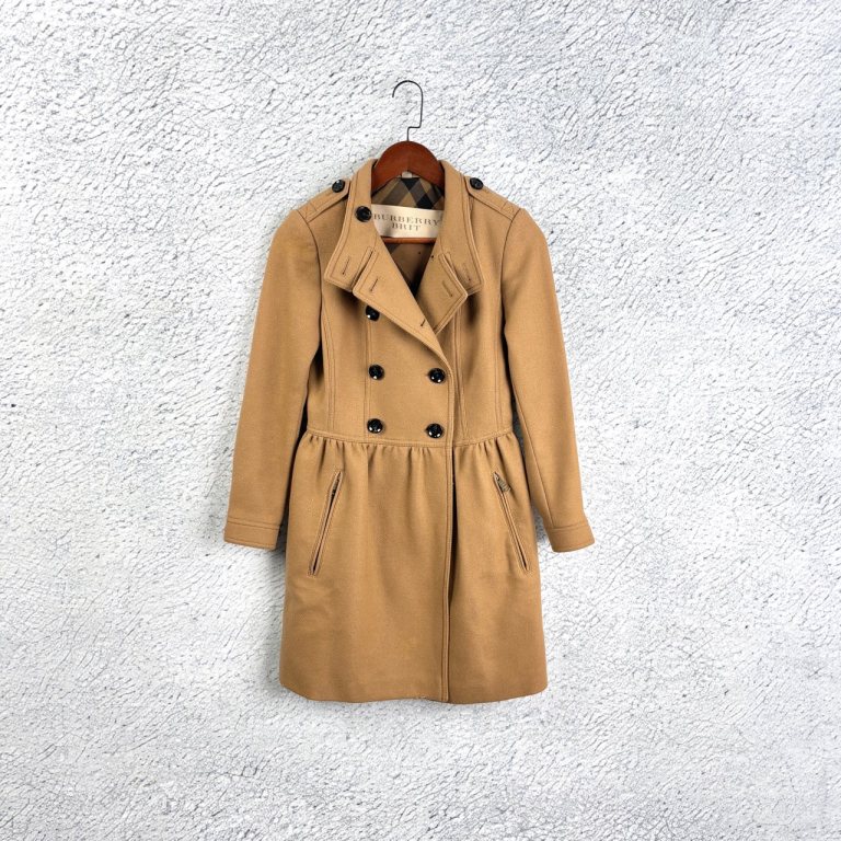 99新 BURBERRY/博柏利 驼色羊毛呢大衣风衣双排扣收腰大衣/uk4