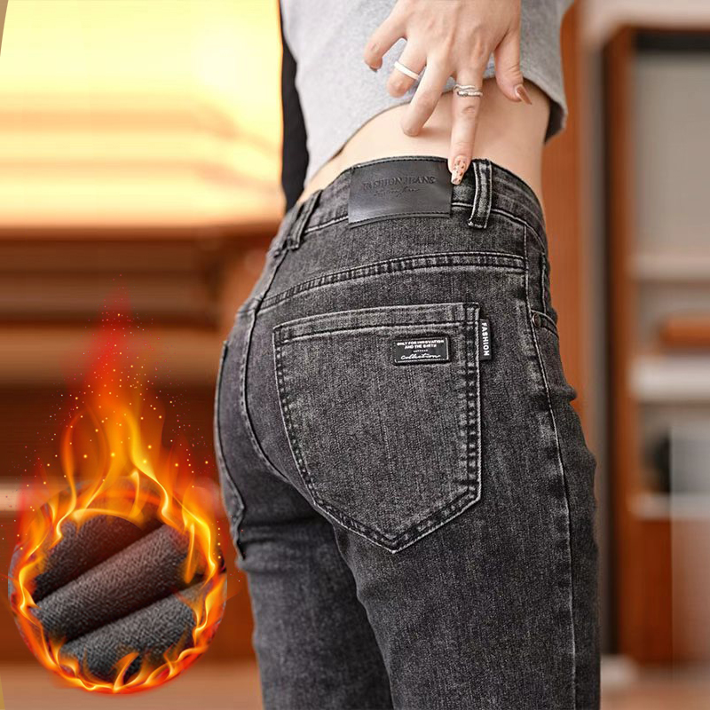 秋冬季新款男士牛仔裤百搭重工修身小脚长裤弹力小直筒加绒加厚男