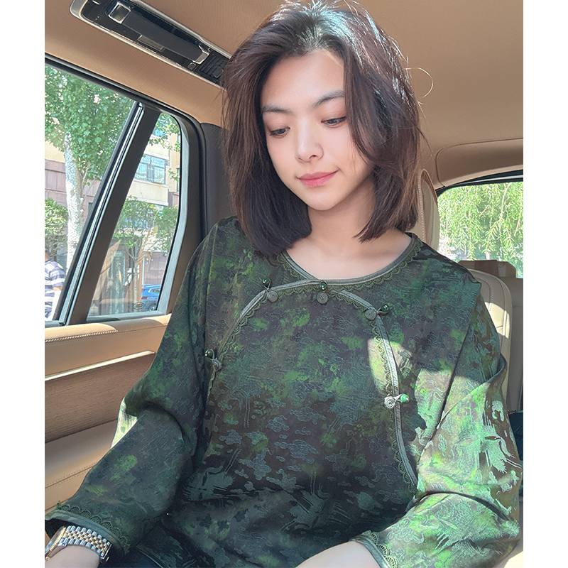 【美美新中式】新款圆领时尚重磅轻奢盘扣暗纹提花复古长袖上衣6765