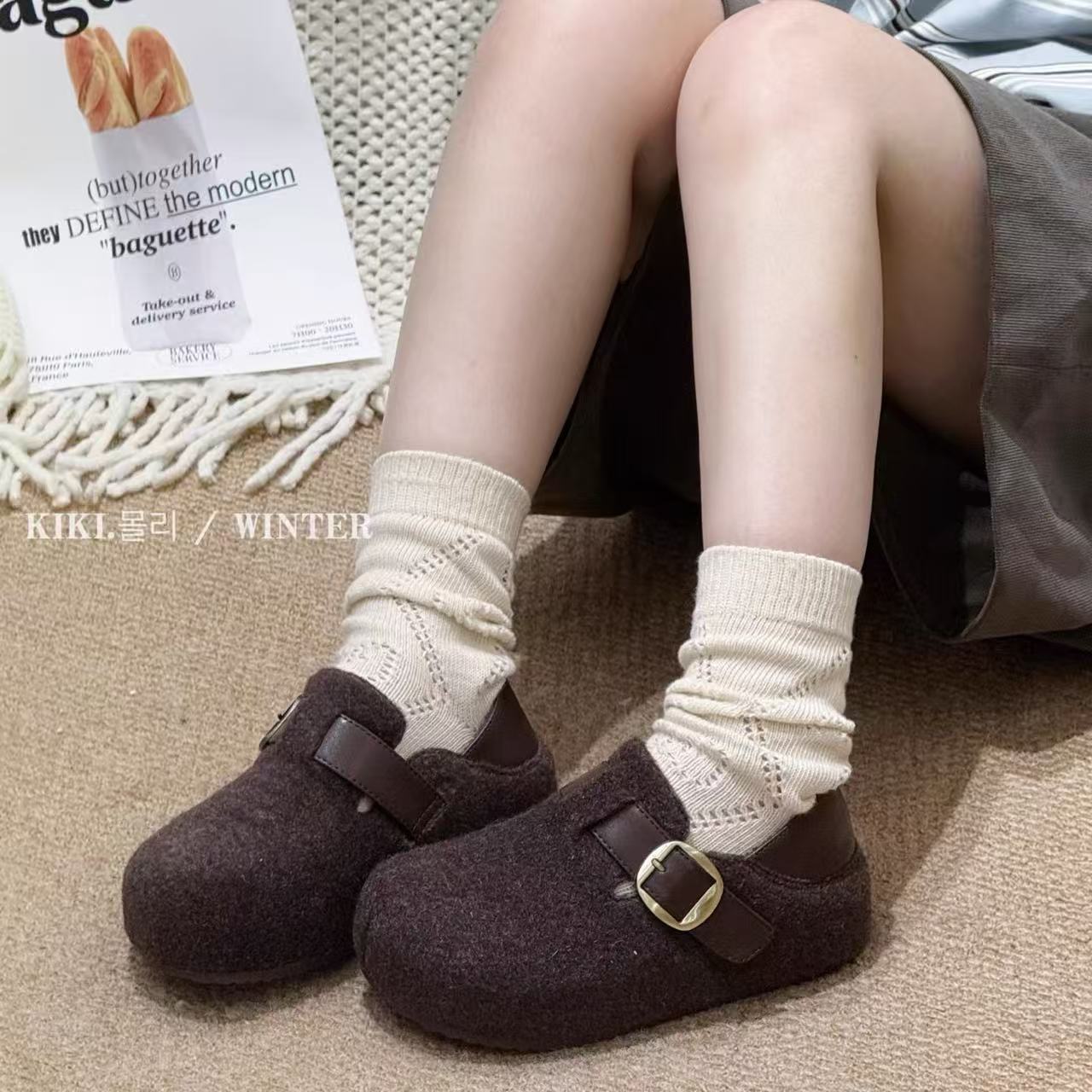  秋冬皮带扣毛呢勃肯鞋2025新款内增高两穿懒人鞋厚底加绒棉鞋女
