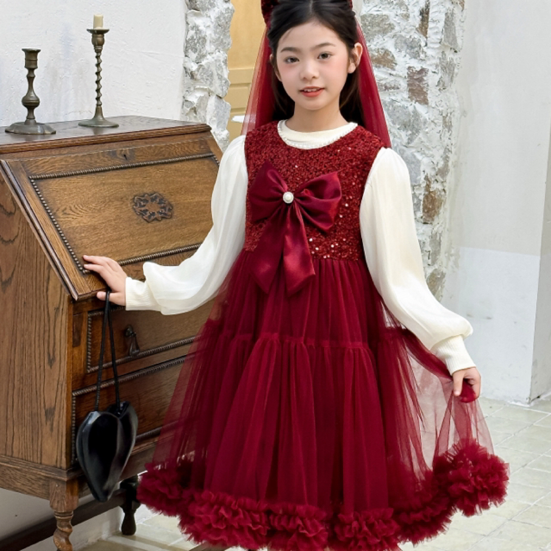 新款秋冬加绒加厚女童洋气喜庆新年公主连衣裙