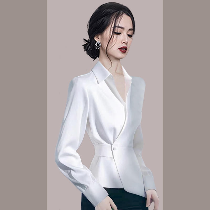 长袖缎面衬衫女春季2025新款收腰小衫超好看独特漂亮v领上衣