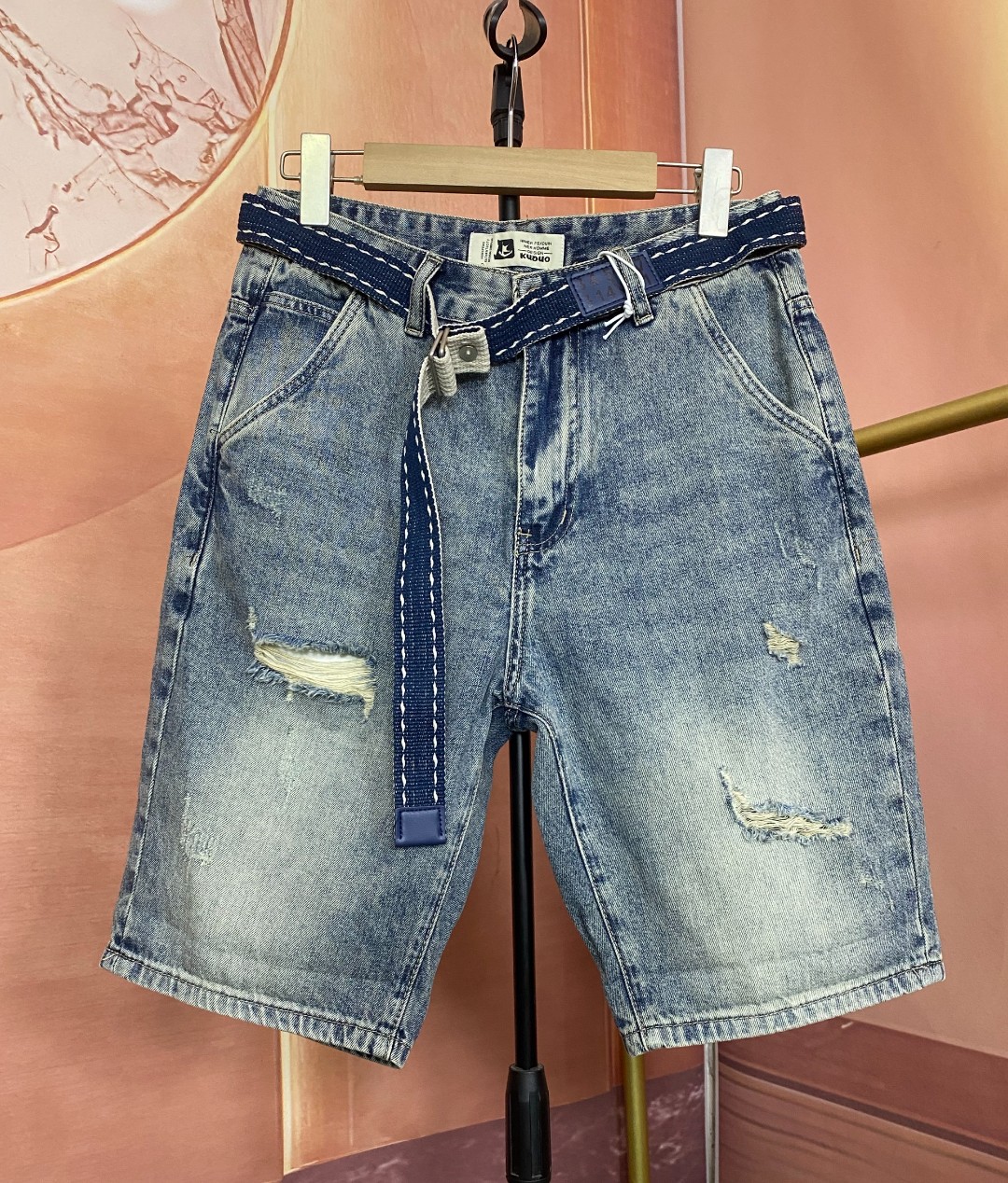 D850*男装无弹夏季破洞时尚休闲五分裤中腰短裤