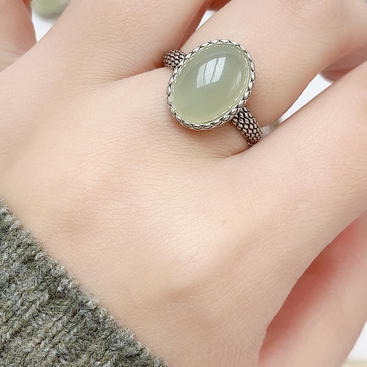 和田玉戒指银S925镶嵌天然