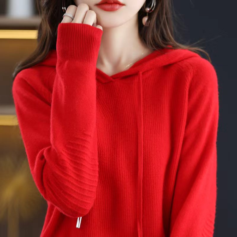 【100羊毛】秋冬厚款纯色常规款连帽帽衫女针织衫显瘦韩版长袖毛衣