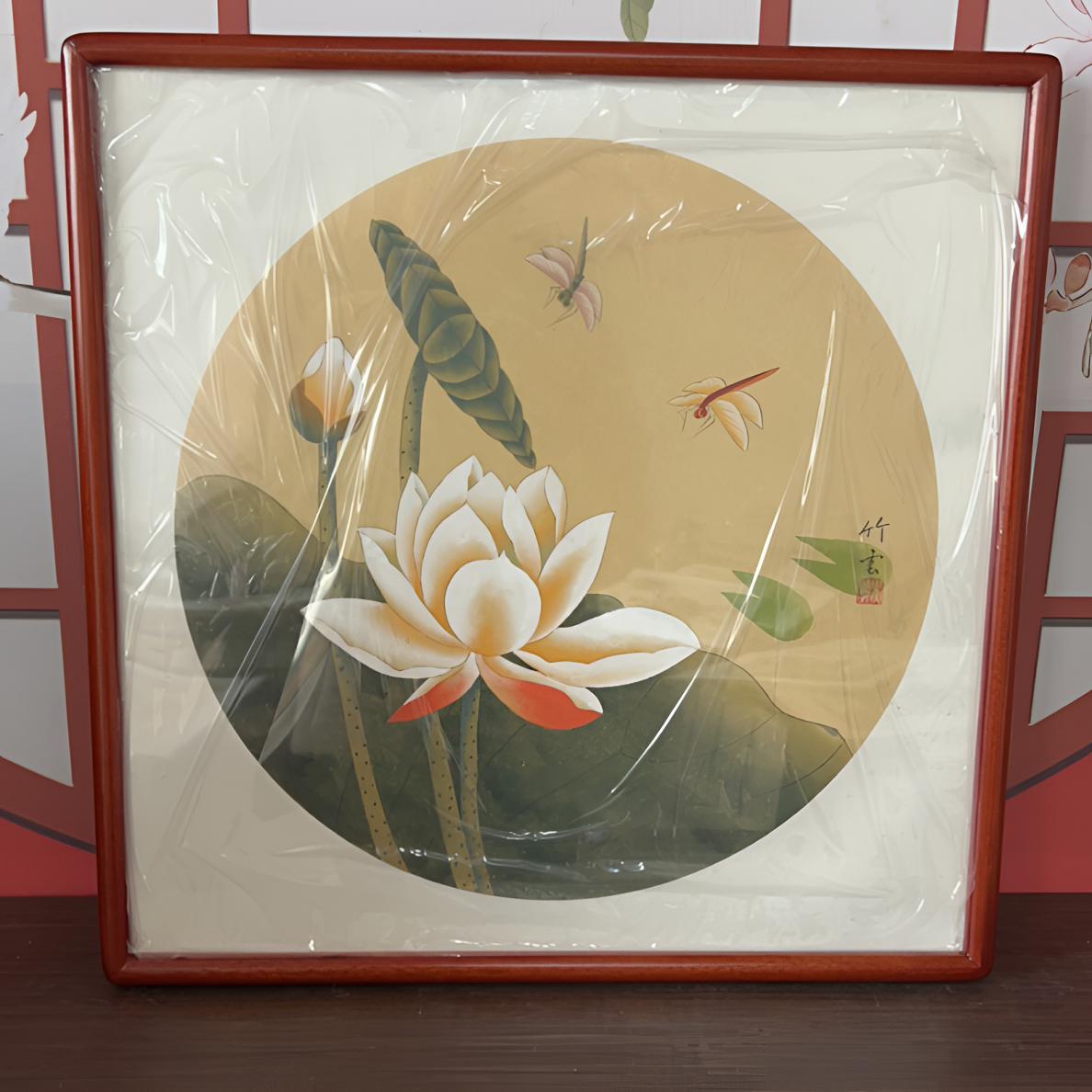 手绘工笔荷花带框尺寸52✖️52餐厅客厅画