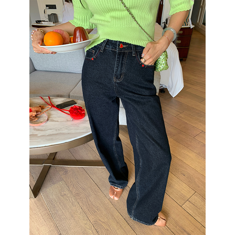 落落狷介 牛仔裤女2025年新款刺绣高腰宽松长裤小个子刺绣直筒裤