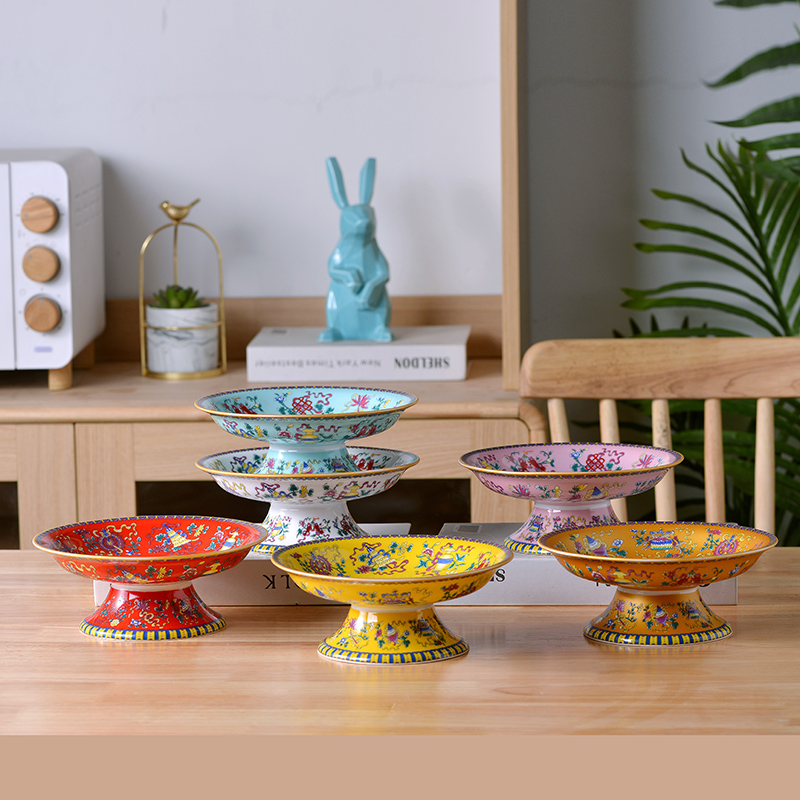 景德镇珐琅彩陶瓷中式家用甜品点心干坚果茶点盘高脚盘水果盘供盘
