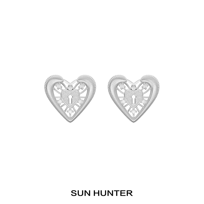 铜合金耳饰 三横SUN HUNTER「春日蕾丝」原创爱心锁耳钉法式轻奢女