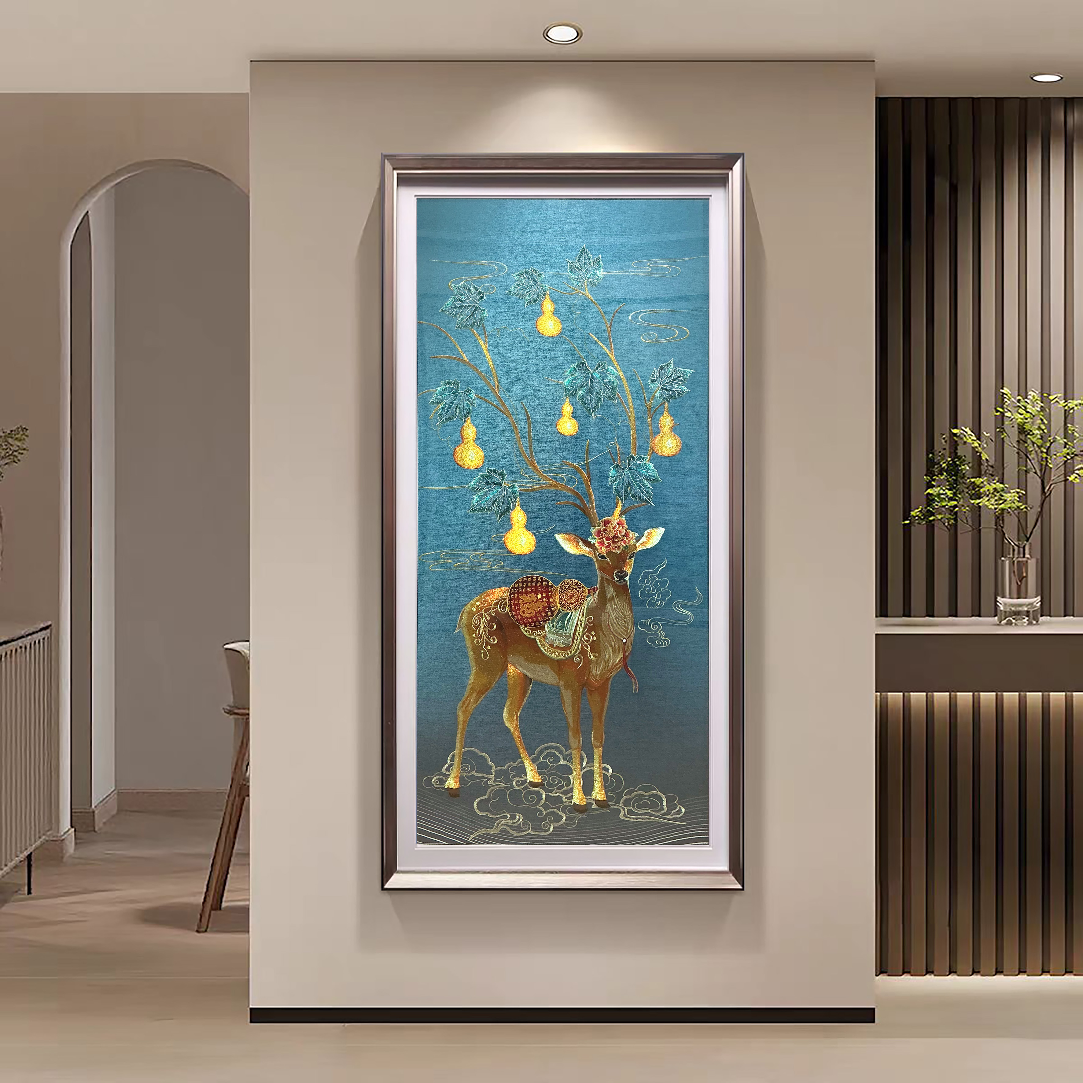 一杉高端刺绣装饰画《福鹿织锦绣》新中式客厅沙发背景墙装饰画