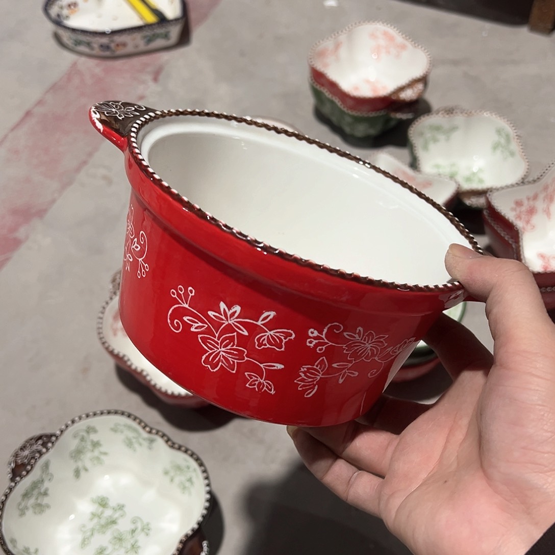 陶瓷 微 Temp 不带盖双耳碗 红色