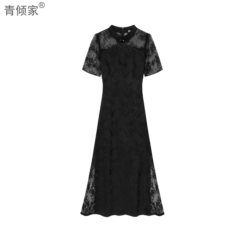 青倾家【步步生花】黑色改良旗袍连衣裙气质优雅复古蕾丝长款国风
