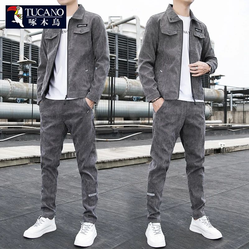 啄木鸟春秋新款套装男士夹克秋冬季宽松休闲两件套长裤子加绒外套