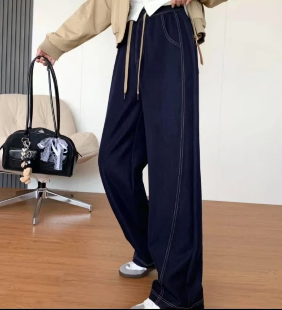 2808牛仔2025夏季新款阔腿直筒裤女薄款松紧腰高腰牛仔裤休闲裤