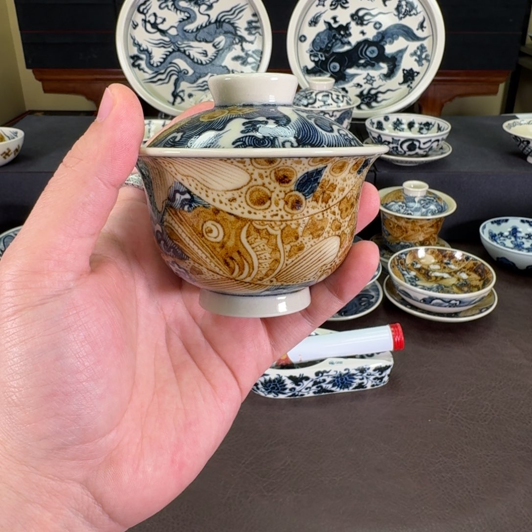 瓷片海水鳜鱼元宝盖碗元经秘旨