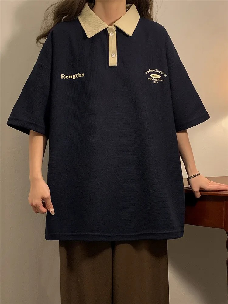 重磅华夫格美式polo衫女短袖学院风t恤女学生韩版宽松半袖上衣夏