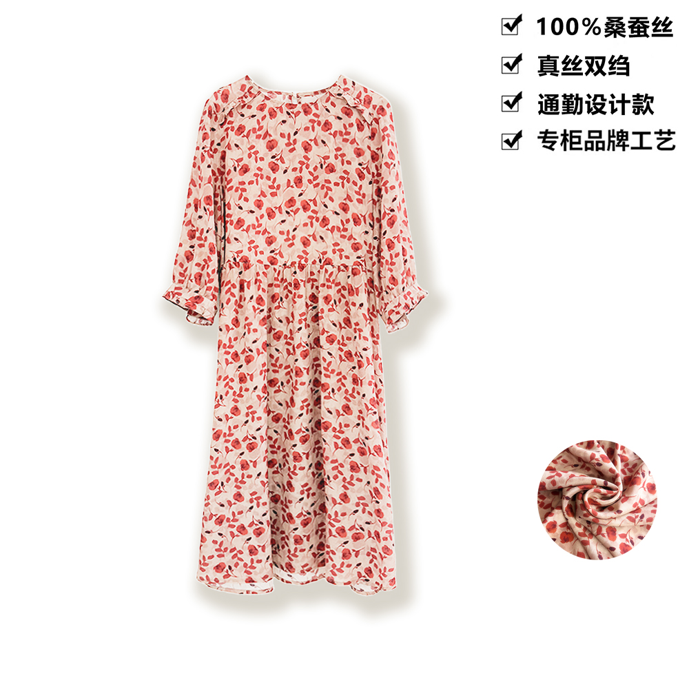 16姆米100桑蚕丝连衣裙花红似火圆领花边袖碎花真丝连衣裙LYQ18